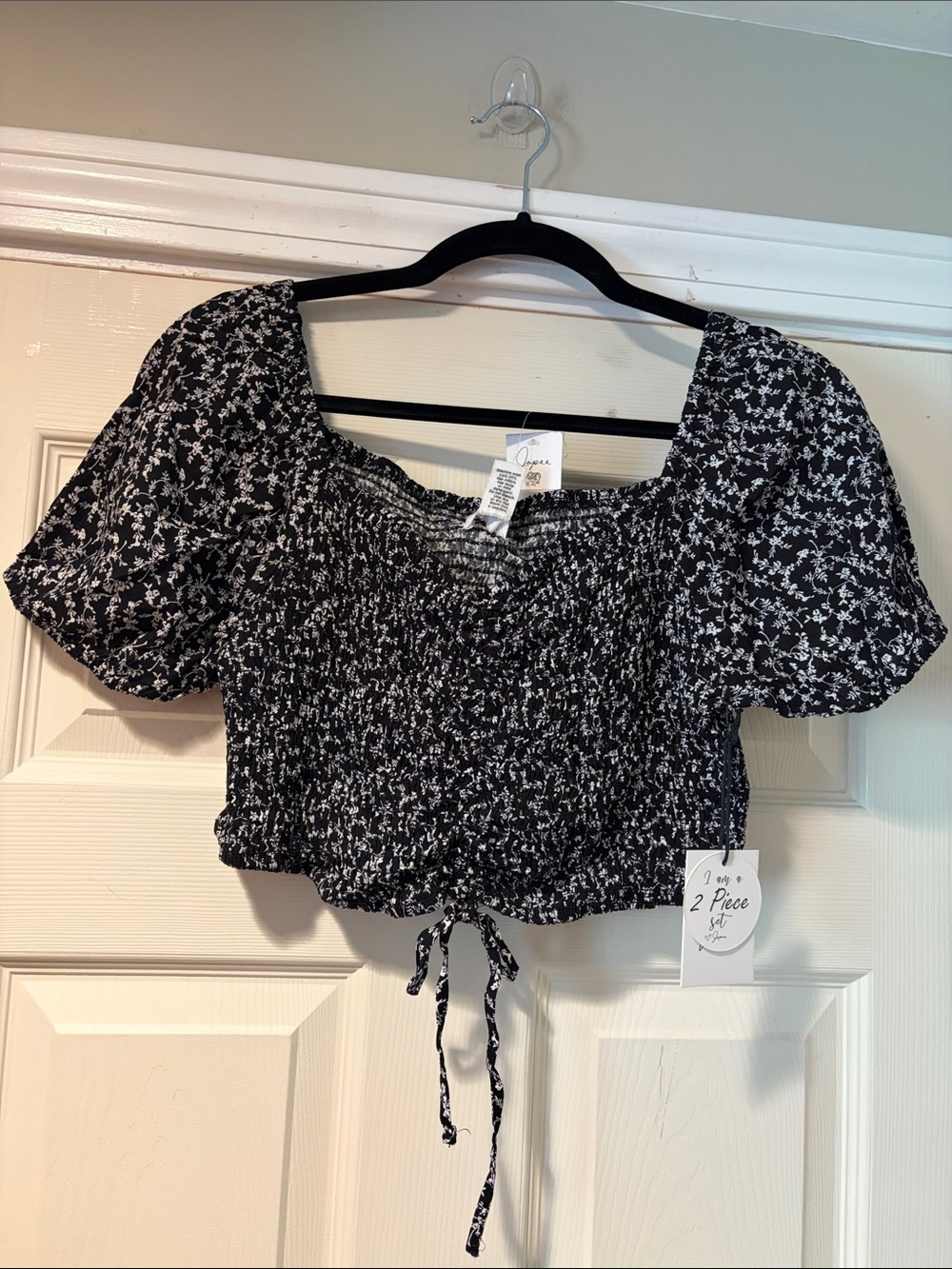 Japna Floral Smocked Crop Top with matching scrunchie in Black & White XL